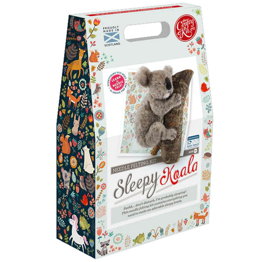 Your Sleepy Koala Needle Felting Kit contains:  100% Wool, Felting needles, Pipecleaners, Foam to work on, Glass eyes, Full colour instructions.