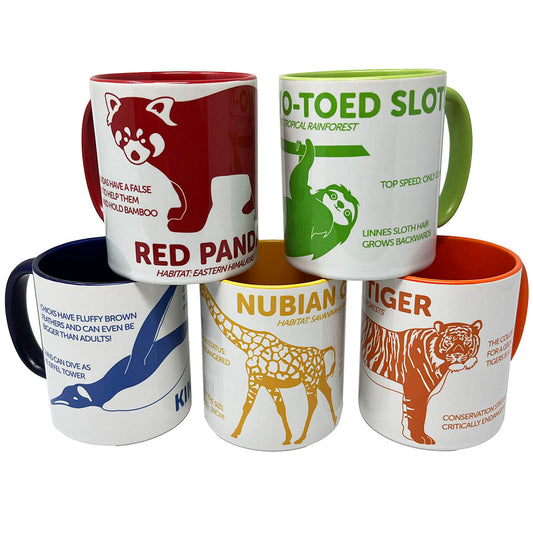 Enjoy a hot drink with our bright range of Edinburgh Zoo Animal Mugs. Standard coffee cup size with your choice of Red Panda, Giraffe, King Penguin, Sumatran Tiger or Two Toed Sloth.