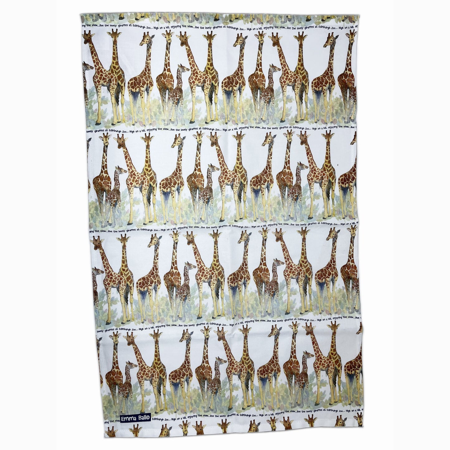 This beautiful tea towel shows an Edinburgh Zoo exclusive giraffes design by Emma Ball. It would be an ideal gift for any cooking enthusiast, or would be a great addition to your kitchen! Designed and made in the UK. Dimensions: 48 x 76cm.