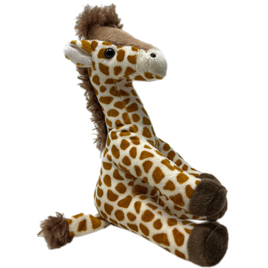 This giraffe soft toy by Miller Ark is so soft and cuddly. Plush body and extra fluffy tufts on the head and tail.