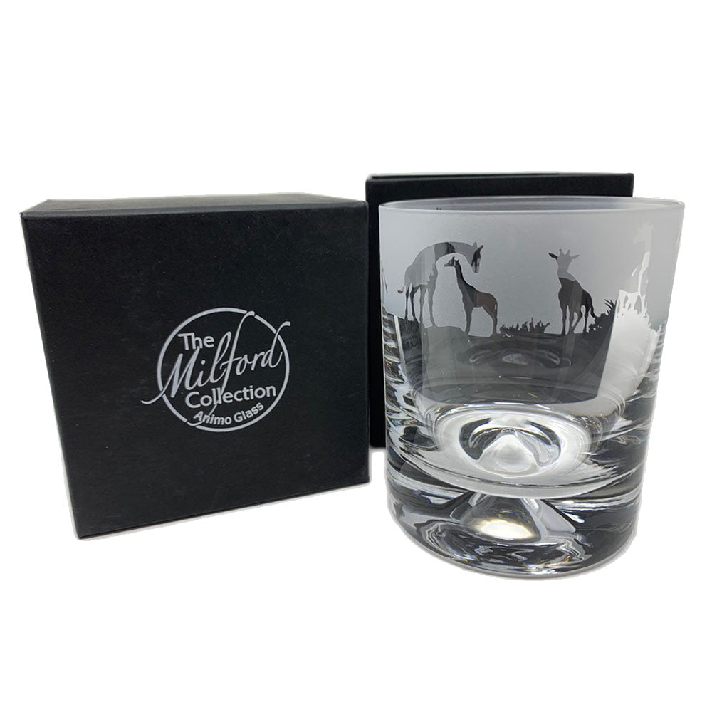 This Giraffe design whisky tumbler from the Milford Collection is hand crafted and designed to create that perfect gift for that special person. Dimensions: Whisky Tumbler Glass: Height: 9.5cm Width: 7.5cm In the box Height: 10.5cm Width: 9.5cm,