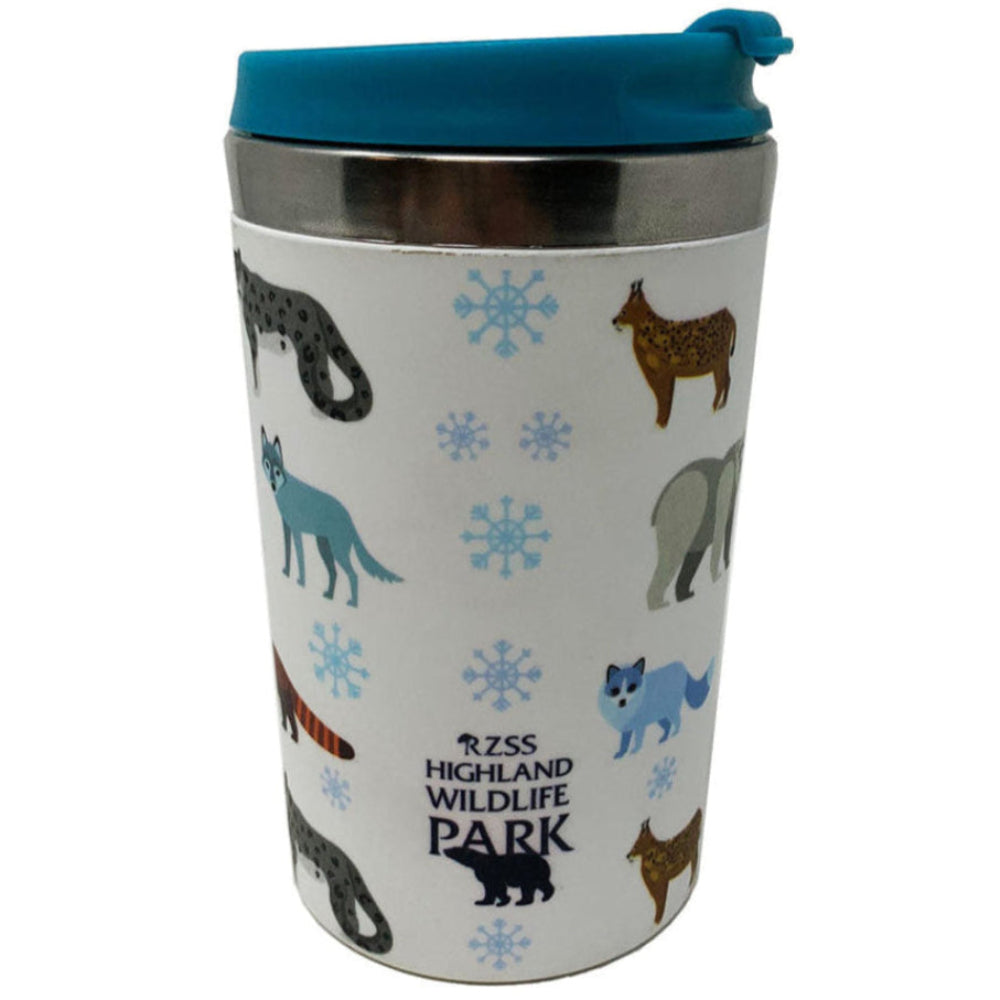 Stainless steel thermo travel mug from the Highland Wildlife Park featuring our wolves, amur tiger, red panda, snow leopard, lynx and polar bear. Double walled mug to keep your drinks hot or cold, without scalding or chilling your hands. Screw lid with flip drinking port for safe transport and easy cleaning. 14 x 8.5cm Dishwasher safe