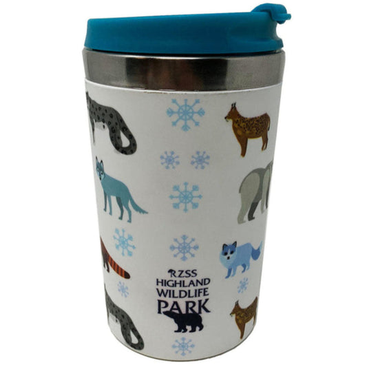 Stainless steel thermo travel mug from the Highland Wildlife Park featuring our wolves, amur tiger, red panda, snow leopard, lynx and polar bear. Double walled mug to keep your drinks hot or cold, without scalding or chilling your hands. Screw lid with flip drinking port for safe transport and easy cleaning. 14 x 8.5cm Dishwasher safe