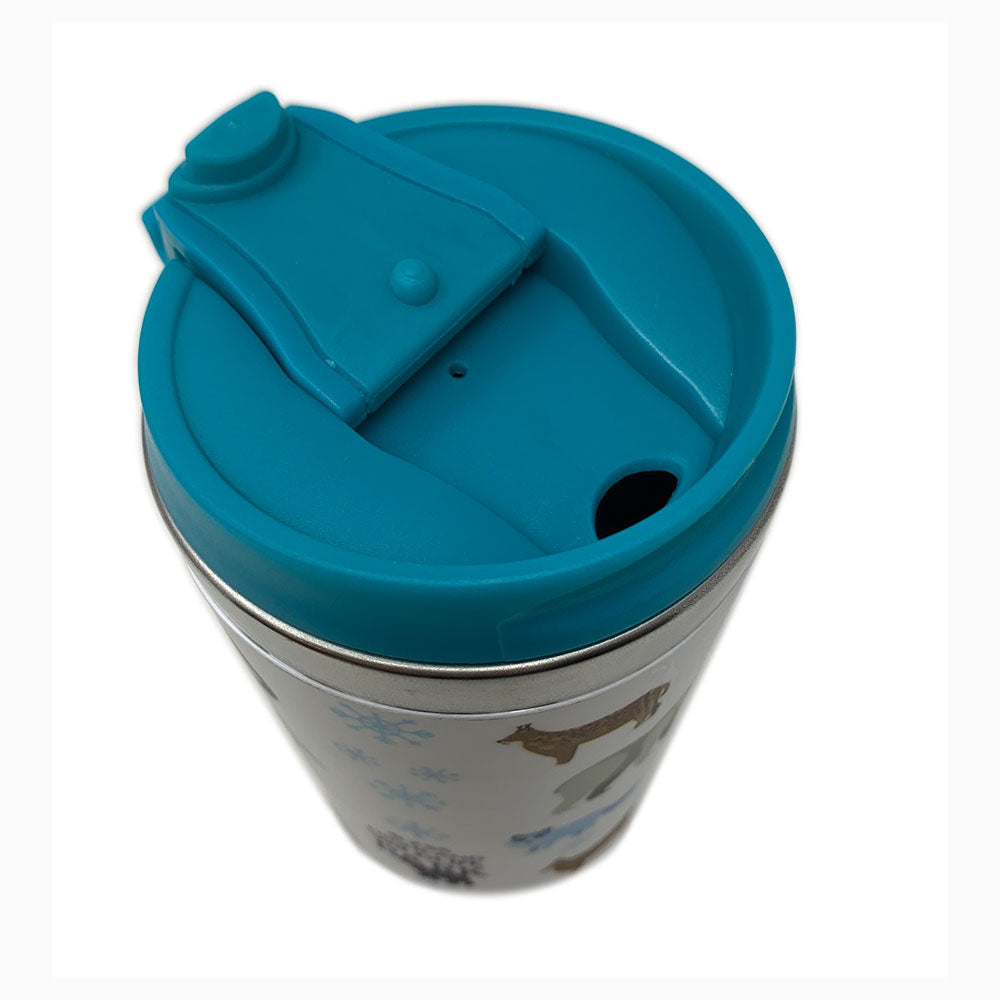 Stainless steel thermo travel mug from the Highland Wildlife Park featuring our wolves, amur tiger, red panda, snow leopard, lynx and polar bear. Double walled mug to keep your drinks hot or cold, without scalding or chilling your hands. Screw lid with flip drinking port for safe transport and easy cleaning. 14 x 8.5cm Dishwasher safe