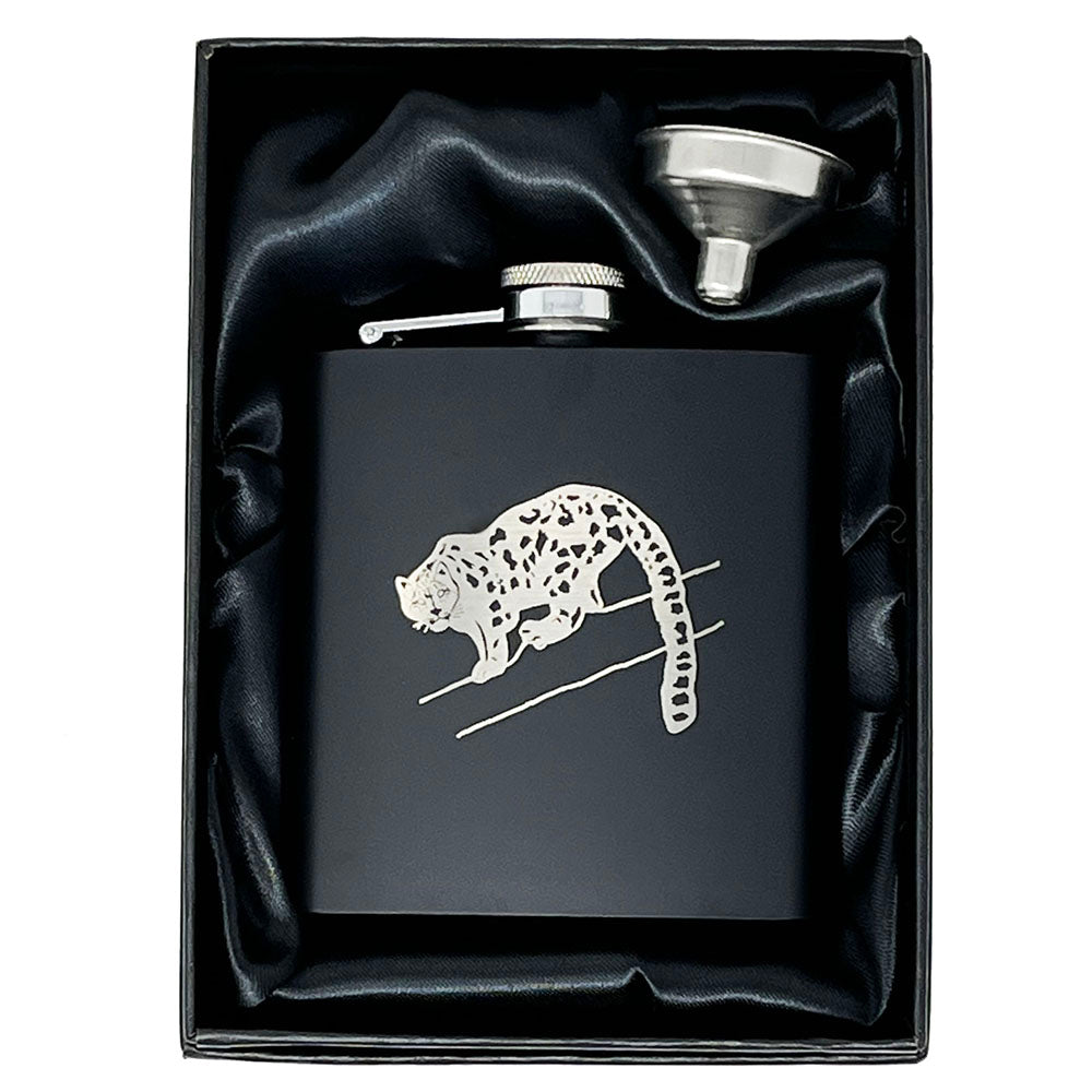 HWP 6oz Black Hip Flask Snow Leopard