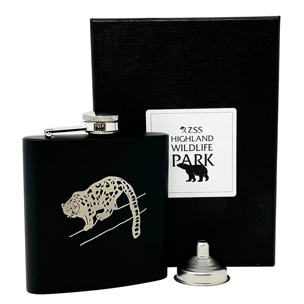 This brand new exclusive Highland Wildlife Park Snow Leopard Hip flask is one of a kind. It comes in a bespoke gift box and is the ideal gift to give to someone this festive season. 6oz S/Steel Box Dimensions: 17cm x 12cm Flask Dimensions: 10.5cm x 9cm