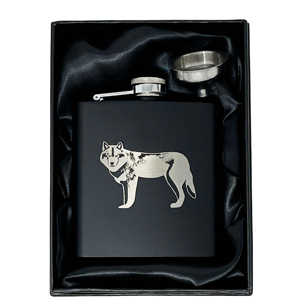 HWP 6oz Black Hip Flask Wolf