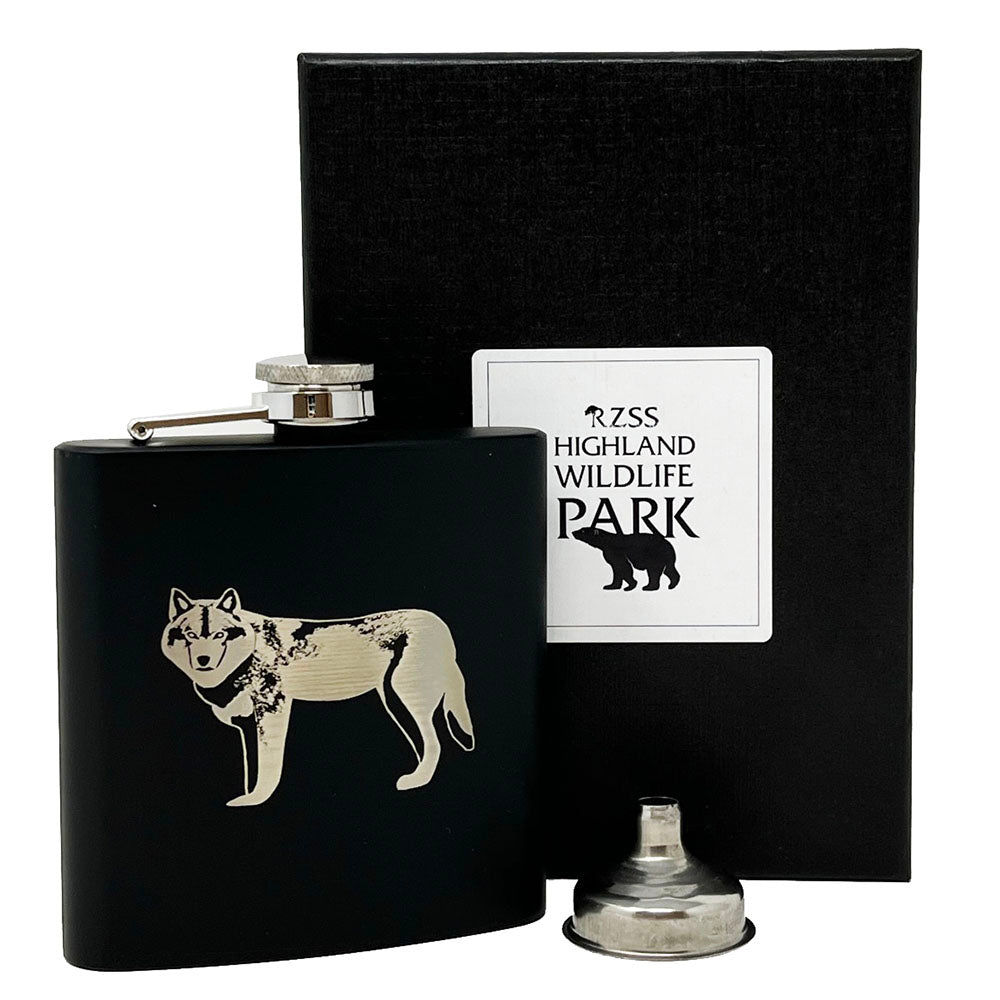 This brand new exclusive Highland Wildlife Park Wolf Hip flask is one of a kind. It comes in a lovely Highland Wildlife Park box and is the ideal gift to give to someone this festive season. 6oz S/Steel Box Dimensions: 17cm x 12cm Flask Dimensions: 10.5cm x 9cm
