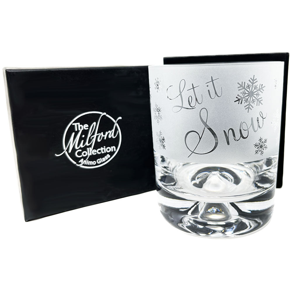 A festive Milford Collection Let It Snow whisky tumbler, hand crafted and designed to create that perfect gift for that special person this festive season. Dimensions: Whisky Tumbler Glass: Height: 9.5cm Width: 7.5cm In the box Height: 10.5cm Width: 9.5cm,