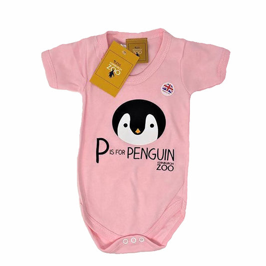 Edinburgh Zoo branded short sleeve babygrow in pink with penguin design.  Made in the UK using 100% cotton.