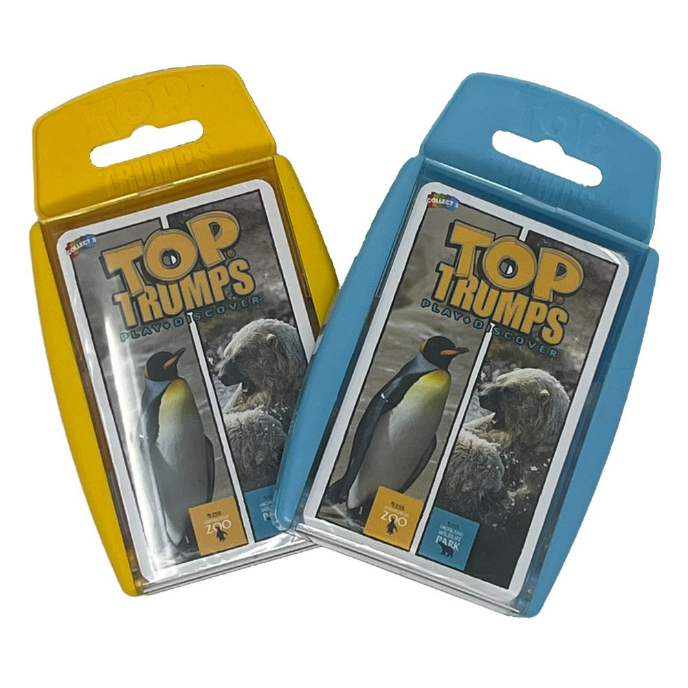 Exclusive edition of the popular Top Trumps card game, featuring 30 animals found at either Edinburgh Zoo, Highland Wildlife Park or both sites. Find out some fascinating facts including "who is the most mischievous" while you play. Buy online to receive a Super Top Trumps card, exclusive to RZSS. Suitable for ages 6+. Comes in Edinburgh Zoo Yellow or Highland Wildlife Park Blue.