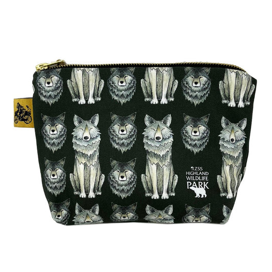 Wolf Wash Bag, designed by Catherine Redgate exclusively for the Highland Wildlife Park. 100% cotton and lined with wipeable material, gold pull zip closure and gold bear on a bike Catherine Redgate tag. Measuring approximately 15cm high, 21cm wide when lying flat with a gusseted 5cm depth to the base giving a triangular finish and a flat bottom. Designed in Scotland.