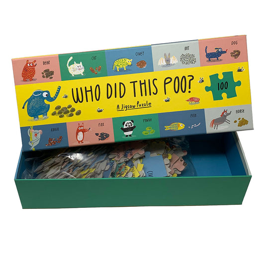 There are so many different kinds of poo out there. Did you know that wombats poo in cubes? And that penguins poop in squirts that are different colours depending on what they've eaten? Find out all you ever wanted to know about animal poo while building this colourful floor puzzle.  This is a giant 100 piece floor jigsaw puzzle showing animals and their poos! Once complete the puzzle is just under 3ft wide! The sturdy puzzle pieces are presented inside a brightly coloured box, 100 piece puzzle.