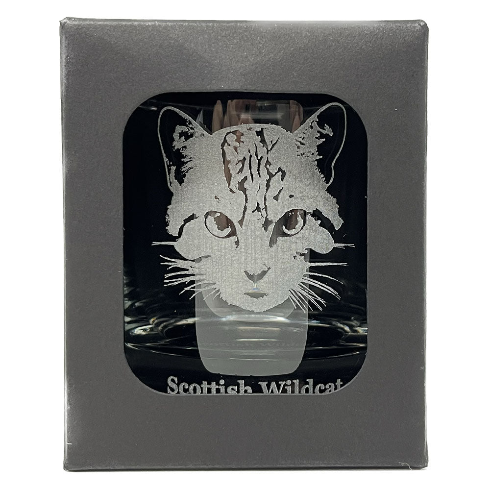 Heavy base tumbler whisky glass from RZSS with Scottish Wildcat etching. A beautifully balanced glass standing 8cm high with a 6.5cm diameter. Presented in recyclable gift box.