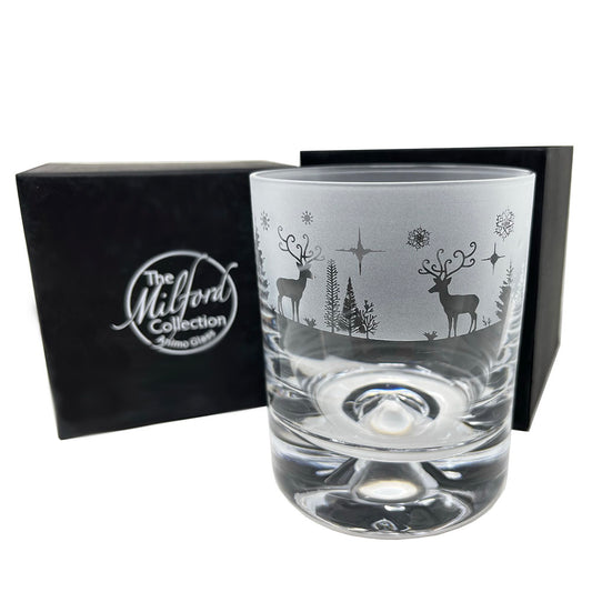 A festive Winter Wonderland whisky tumbler, hand crafted and designed to create that perfect gift for that special person this festive season.  Dimensions: Whisky Tumbler Glass: Height: 9.5cm Width: 7.5cm  In the box Height: 10.5cm Width: 9.5cm,