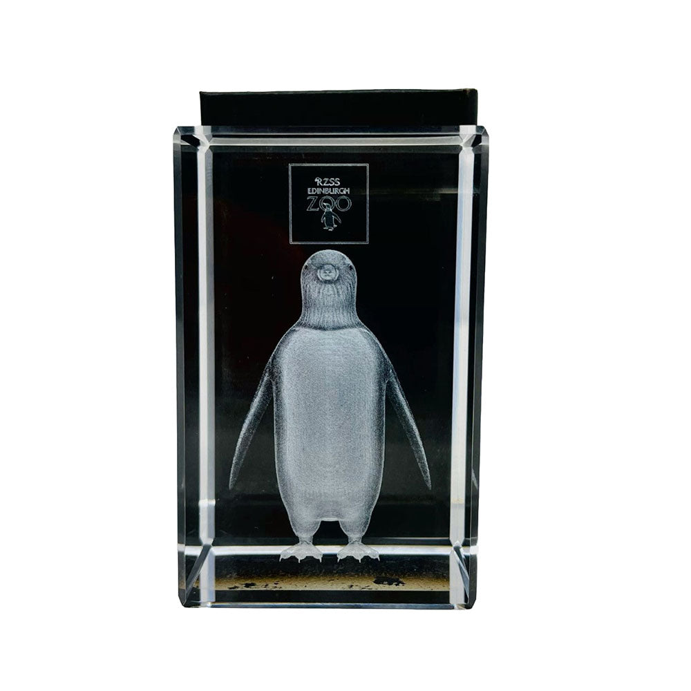 This beautifully designed 3D laser etched glass block can only be found at Edinburgh Zoo. It is ideal as a general ornament or as a stylish paperweight. It is approximately 8cm x 5cm (3 inch x 2 inch) and comes in a storage box.