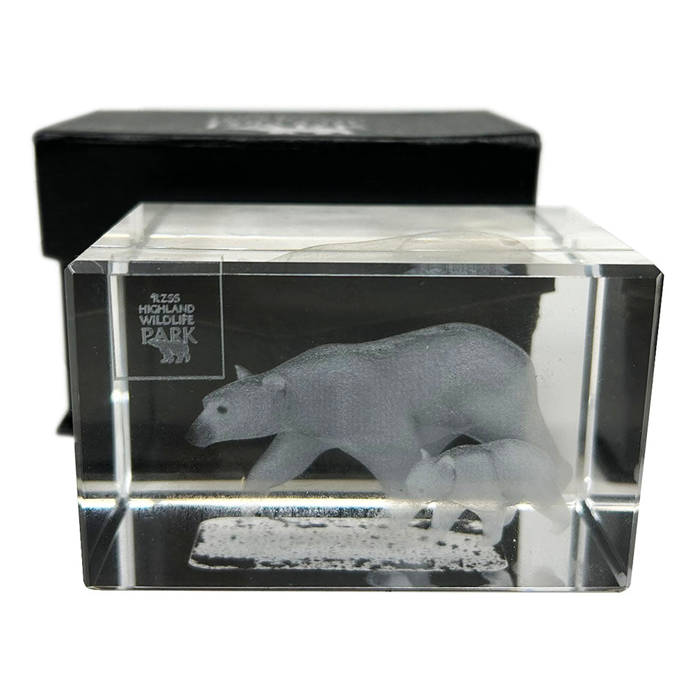 This beautifully designed 3D laser etched glass block can only be found at the Highland Wildlife Park.   It is ideal as a general ornament or as a stylish paperweight. It is approximately 8cm x 5cm (3 inch x 2 inch).