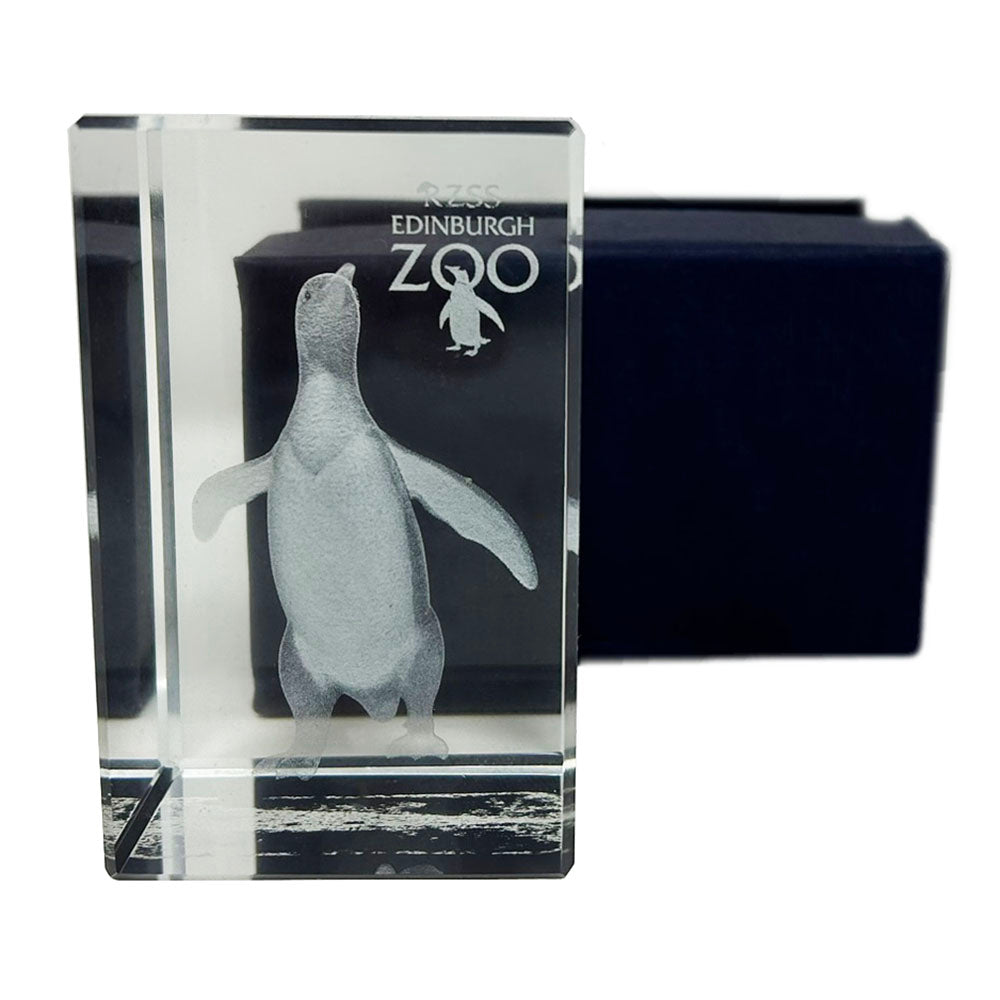 This beautifully designed 3D King Penguin laser etched glass crystal block can only be found at Edinburgh Zoo.  It is ideal as a general ornament or as a stylish paperweight. It is approximately 8cm x 5cm (3 inch x 2 inch) and comes in a storage box.