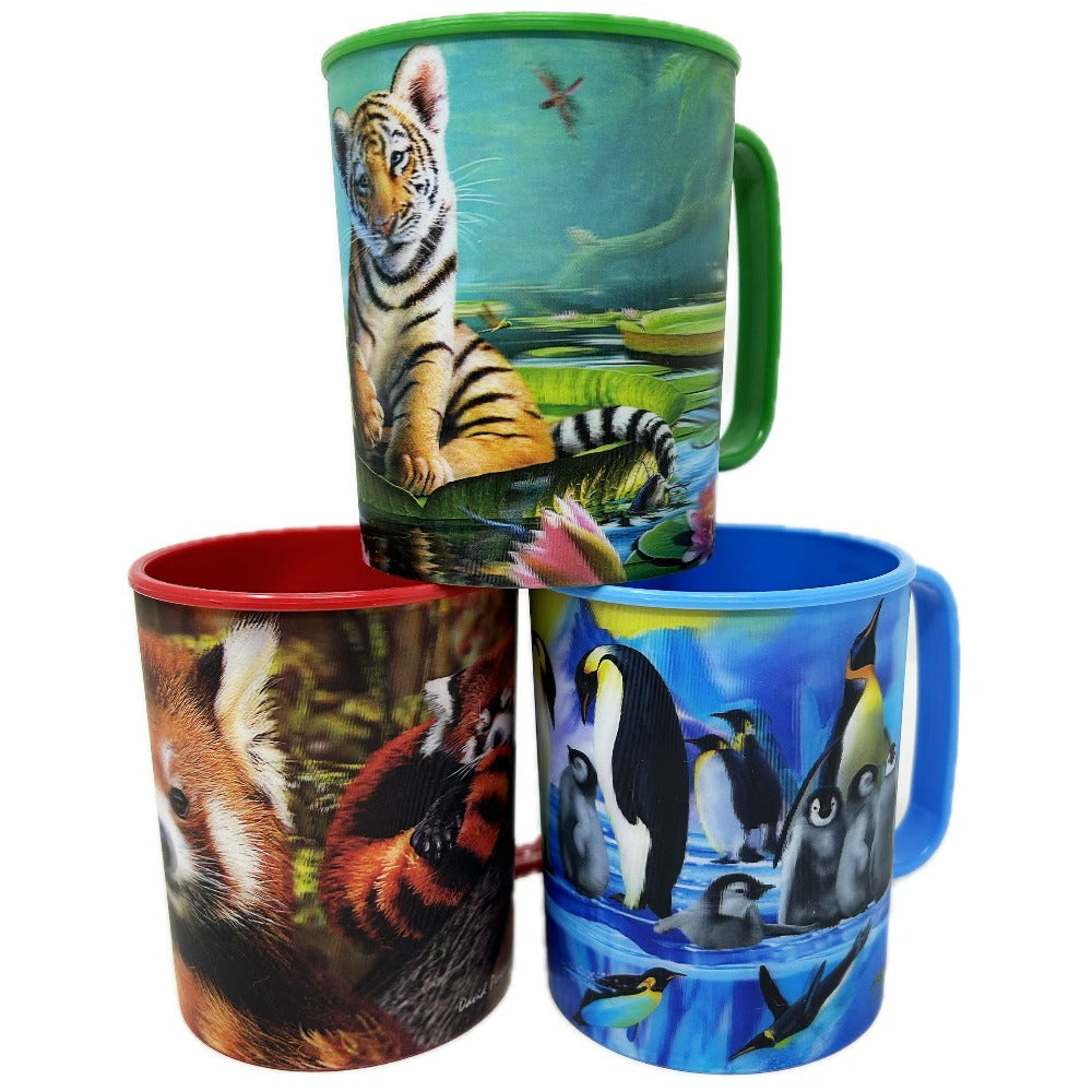 <p>These bright and colourful plastic cups are lightweight, tough and practical.&nbsp;</p> <p>Featuring lenticular print, they create a stunning 3D effect with great depth.</p> <p>They are available in five fun designs -&nbsp; Penguin, Tiger and Red Panda.&nbsp;</p> <p>Made from polypropylene. Not suitable for dishwasher or microwave.<br></p> <p>Height: 9cms. Holds 300ml</p>