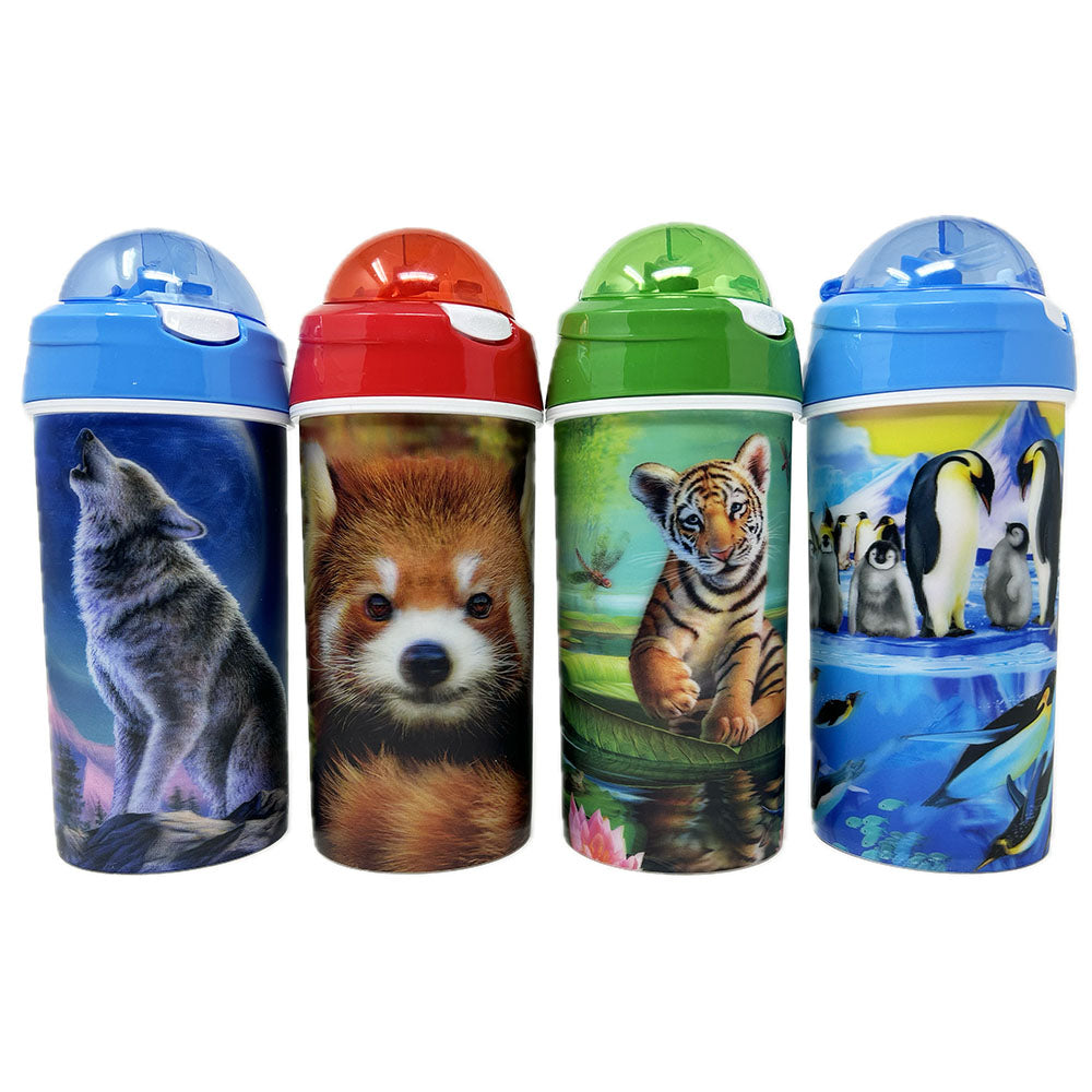 <p>This bright and colourful plastic 3D drinks bottle is perfect when you are on the go.&nbsp;</p> <p>Featuring lenticular print, they create a stunning 3D effect with great depth.</p> <p>Available in 5 fun designs:&nbsp; Penguin, Red Panda, Tiger &amp; Wolf</p> <p>Made from polypropylene. Not suitable for dishwasher or microwave. This flip top bottle with straw is approximately 20cm (8 inches) tall. Holds 600ml.</p>