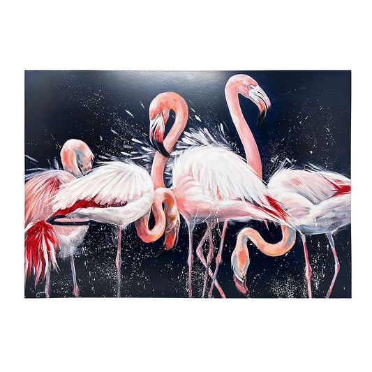 Ally Smith is a local Edinburgh based artist who has always been inspired to paint nature. Ally paints in contemporary bright, bold colours, creating characterful animal studies.  This image of splashing Flamingos would brighten any room.  Flamingo poster, designed and printed in Scotland on paper from managed forests.  A3 size