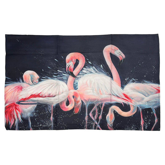 Ally Smith is a local Edinburgh based artist who has always been inspired to paint nature. Ally paints in contemporary bright, bold colours, creating characterful animal studies.  This image of splashing Flamingos would brighten any kitchen.  This Flamingo Tea Towel is 100% cotton and machine washable at 30 degrees.