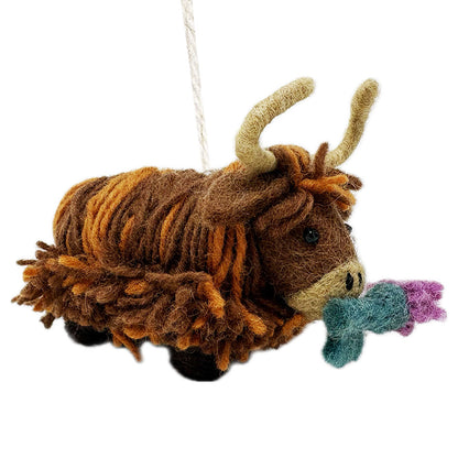 Felt highland cow with thistle hanging decoration
