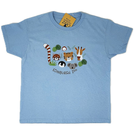 Roam the wild in style with our Edinburgh Zoo Animal Faces Children's T-Shirt in light blue. This cute tee features playful, happy animals from Edinburgh Zoo. Perfect for animal-loving kids and their adventurous spirits.
