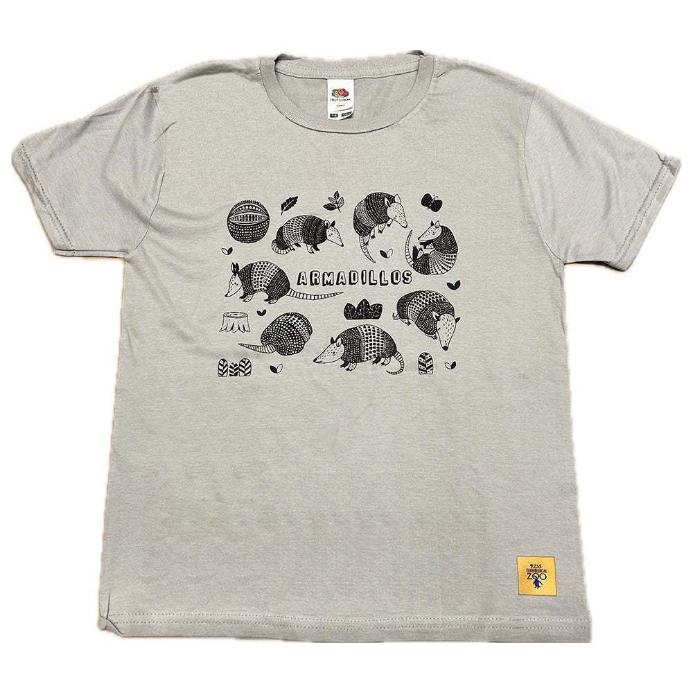 Get your little one wild about style with our Edinburgh Zoo Multi Armadillo Print Children's T-Shirt in Zinc! Featuring a playful pattern of our favourite armoured mammals, this shirt is perfect for any adventure from the playground to the zoo.