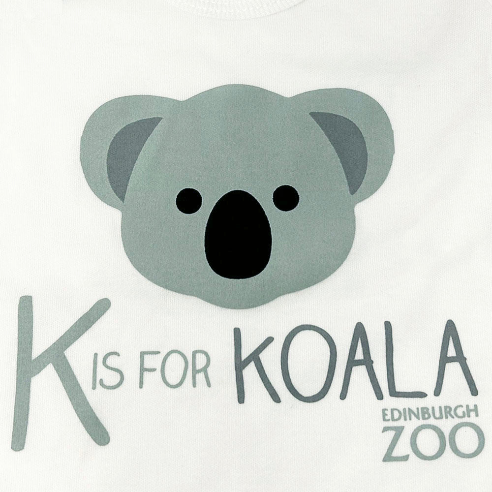 Edinburgh Zoo branded short sleeve babygrow in white with koala design.   Made in the UK using 100% cotton. 