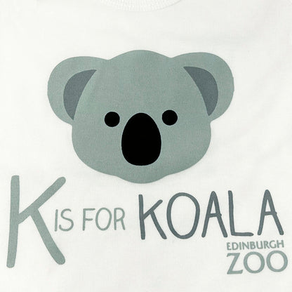 Edinburgh Zoo branded short sleeve babygrow in white with koala design.   Made in the UK using 100% cotton. 