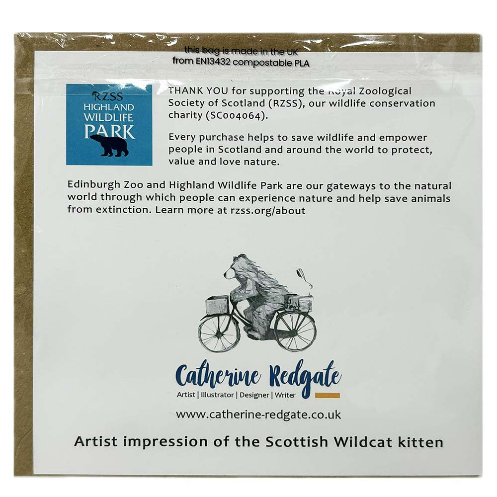 Celebrate any occasion with this beautiful Scottish Wildcat Kitten Greetings Card made for the Highland Wildlife Park. Featuring Catherine Redgate's wonderful illustration of these wild creatures, this card is perfect for any animal lover.&nbsp;

Each card is 15cm x 15cm and comes with an individual brown envelope.