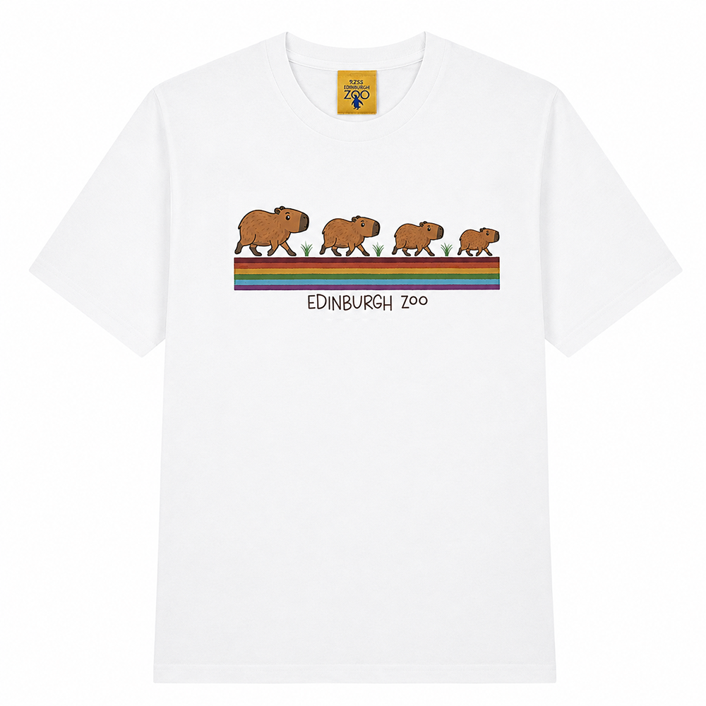 Roam the wild in style with our Edinburgh Zoo Capybara Rainbow T-Shirt in white. This cute tee features playful Capybara's from Edinburgh Zoo marching over a brightly coloured rainbow. Perfect for animal-lovers and their adventurous spirits.

100% Cotton