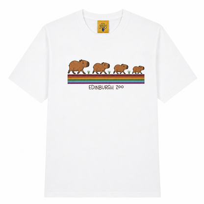 Roam the wild in style with our Edinburgh Zoo Capybara Rainbow T-Shirt in white. This cute tee features playful Capybara's from Edinburgh Zoo marching over a brightly coloured rainbow. Perfect for animal-lovers and their adventurous spirits.

100% Cotton