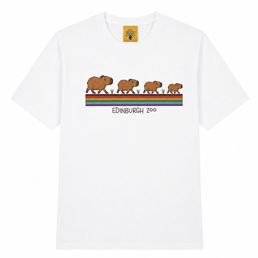 Roam the wild in style with our Edinburgh Zoo Capybara Rainbow T-Shirt in white. This cute tee features playful Capybara's from Edinburgh Zoo marching over a brightly coloured rainbow. Perfect for animal-lovers and their adventurous spirits.

100% Cotton