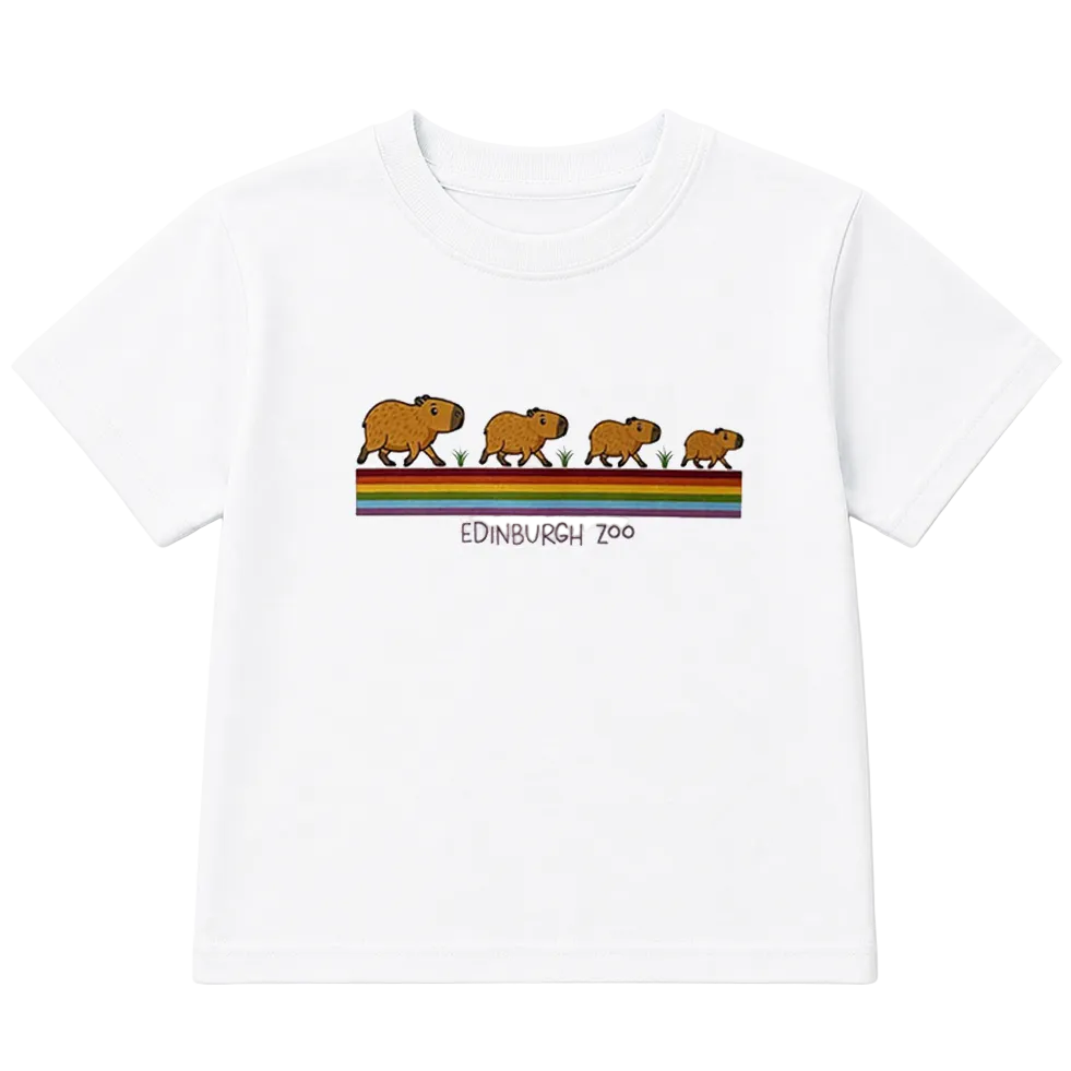 A white short-sleeve kids' t-shirt featuring a colorful graphic of four capybara animals walking over a rainbow stripe, with the text 'EDINBURGH ZOO' printed below.