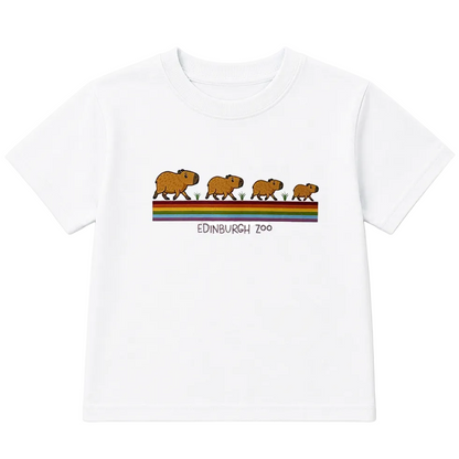 A white short-sleeve kids' t-shirt featuring a colorful graphic of four capybara animals walking over a rainbow stripe, with the text 'EDINBURGH ZOO' printed below.