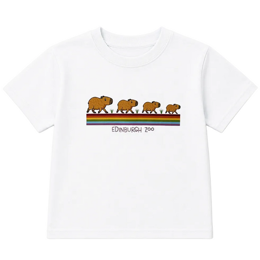 A white short-sleeve kids' t-shirt featuring a colorful graphic of four capybara animals walking over a rainbow stripe, with the text 'EDINBURGH ZOO' printed below.
