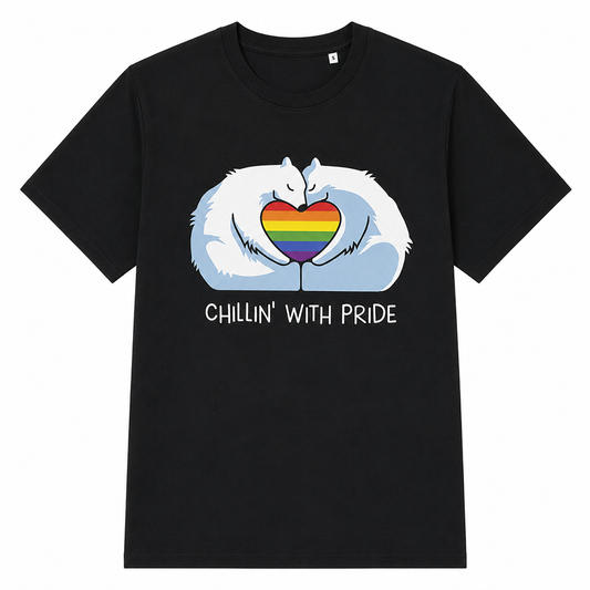 Join us in celebrating Pride with this polar bear Chillin with Pride T-shirt from the Royal Zoological Society of Scotland, Highland Wildlife Park.

100% cotton, please see size guide below.

Black T-shirt with Chillin with Pride print on front and rainbow RZSS Logo on the back.

100% Cotton