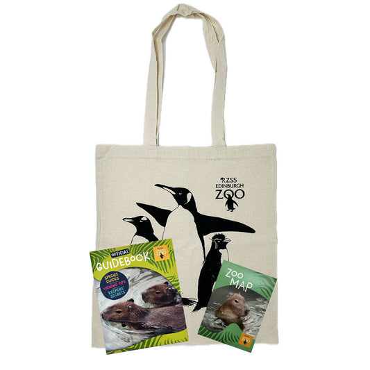 Get ready for an adventure at Edinburgh Zoo with this exclusive Essentials Pack.

Enclosed you'll find -&nbsp;

Edinburgh Zoo Cotton Tote Bag made with durable cotton, choose from Haggis The Hippo, Penguins, Red Panda or Capybara.
Edinburgh Zoo Guidebook (Capybara or Pygmy Hippo cover), filled with fun facts, keepers secrets and viewing tips.
Edinburgh Zoo Map to help you plan your day.

(If you have a preference of guidebook cover, please let us know in the notes on the payment page.)