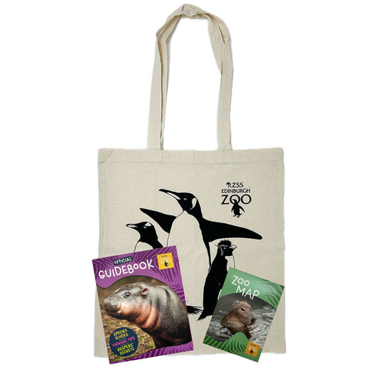 Get ready for an adventure at Edinburgh Zoo with this exclusive Essentials Pack.

Enclosed you'll find -&nbsp;

Edinburgh Zoo Cotton Tote Bag made with durable cotton, choose from Haggis The Hippo, Penguins, Red Panda or Capybara.
Edinburgh Zoo Guidebook (Capybara or Pygmy Hippo cover), filled with fun facts, keepers secrets and viewing tips.
Edinburgh Zoo Map to help you plan your day.

(If you have a preference of guidebook cover, please let us know in the notes on the payment page.)