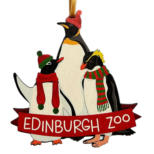 Have a little bit of Edinburgh Zoo at home this Christmas with our brand-new Edinburgh Zoo Penguin Trio hanging decoration. Handmade from sustainably sourced wood in the UK.

Approx 9.5cm Height &nbsp;