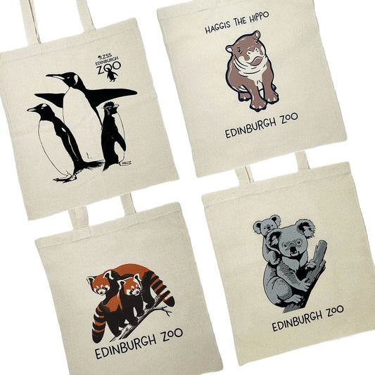 Carry your items with style using one of these exclusive Edinburgh Zoo Cotton Tote Bags. Measuring 38 x 41cm, these bags come in four fabulous styles. Our adorable Haggis the Pygmy Hippo, the famous Edinburgh Zoo Penguins, our charming Red Pandas and our captivating Koalas.