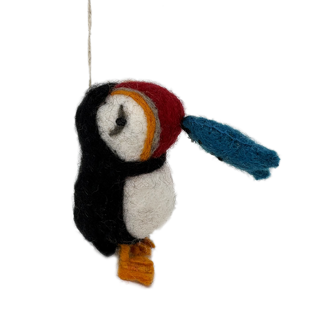 Felt puffin with fish hanging decoration