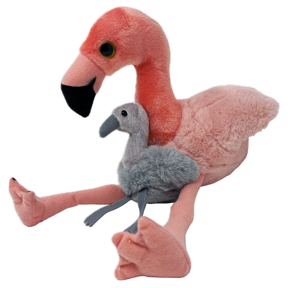 This delightful Flamingo with Chick soft toy will make your day. Full plush body adult flamingo with felted legs and beak, large soulful eyes and intricate detailing. Adult is accompanied by a small grey chick, also with a full plush body with felted beak and legs.

Adorably cute and just like our Chilean flamingos and chicks at Edinburgh Zoo.

22cm sitting.