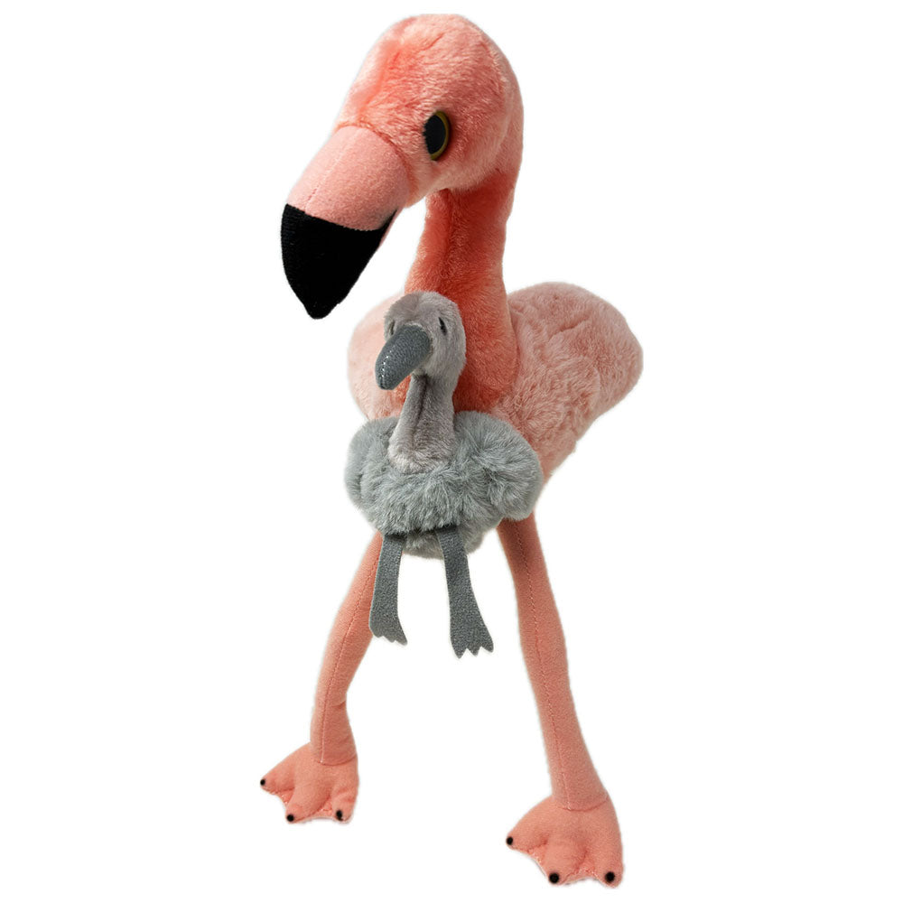 This delightful Flamingo with Chick soft toy will make your day. Full plush body adult flamingo with felted legs and beak, large soulful eyes and intricate detailing. Adult is accompanied by a small grey chick, also with a full plush body with felted beak and legs.

Adorably cute and just like our Chilean flamingos and chicks at Edinburgh Zoo.

22cm sitting.