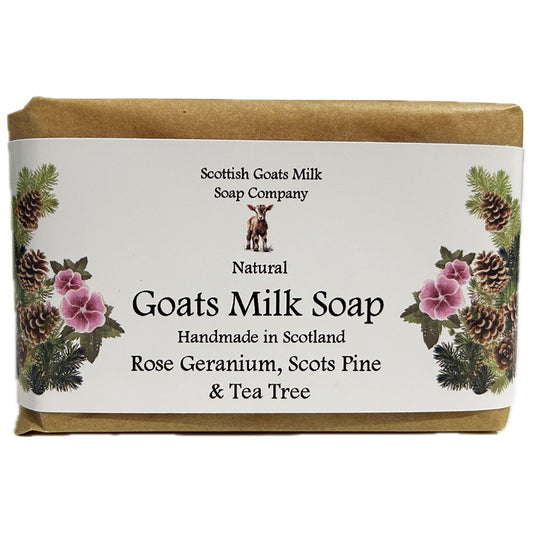 The Scottish Goats Milk Soap Company's Rose Geranium, Scots Pine, and Tea Tree Goats Milk Soap Bar is the soap for you if you have problem skin.&nbsp; Whether it's acne, eczema, psoriasis or just dry and itchy skin, the blend of these oils could really help.