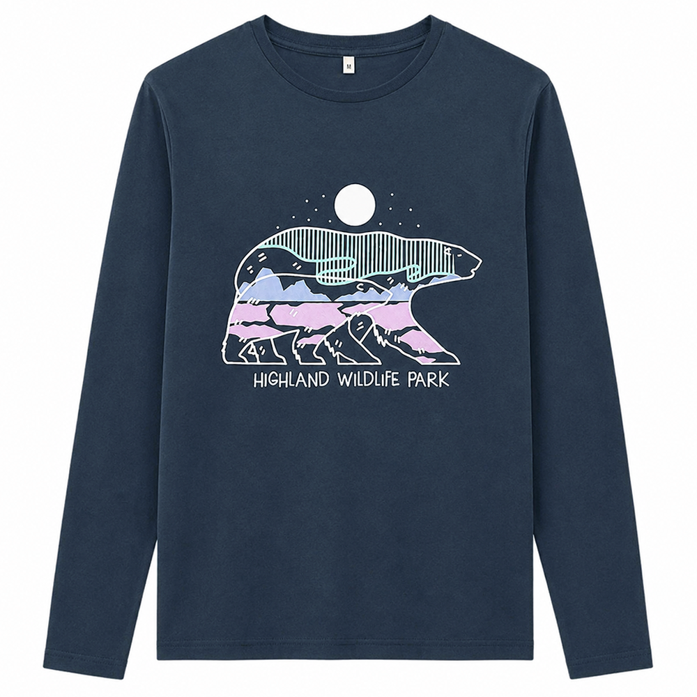 Rock a fashionable Polar Bear look with this bespoke long sleeve t-shirt in navy, crafted with Highland Wildlife Park style and organic cotton for a comfy-cute fit!