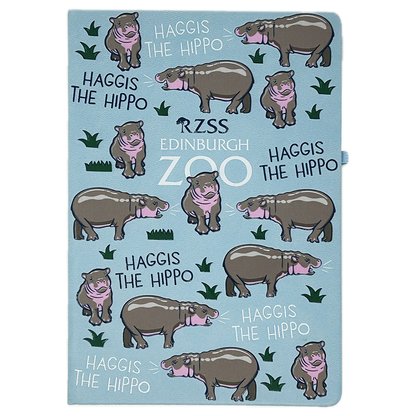 Get your hooves on this fun Haggis the Hippo notepad in mint. A5 in size, lined pages, hardback with elastic band closure, elastic pen holder and separator ribbon.

Perfect for having a bit of oor wee, adorable Haggis with you.