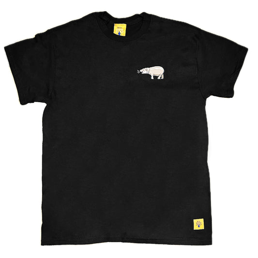 Hip Hippo Hooray for our new Haggis The Hippo T-shirt, made with 100% cotton. This black tee is perfect for hippo lovers looking to show their admiration for Scotland's cutest Pygmy Hippo calf.

Black T-shirt with Haggis the Hippo pocket print, Edinburgh Zoo flag Logo on hem and Edinburgh Zoo neck label.